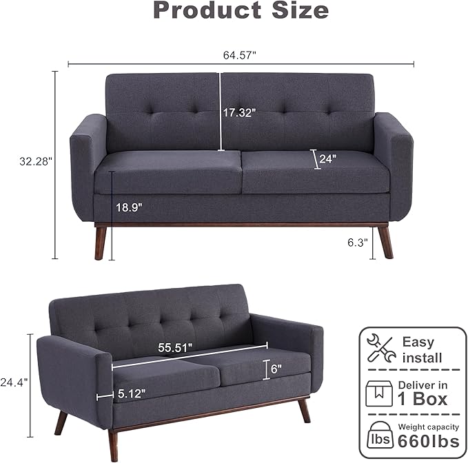 Kingfun 65" W Loveseat Sofa, Mid Century Modern Decor Love Seat Couches for Living Room, Button Tufted Upholstered Furniture, Solid & Easy to Install Small Couch for Bedroom Office Apartment,Gray