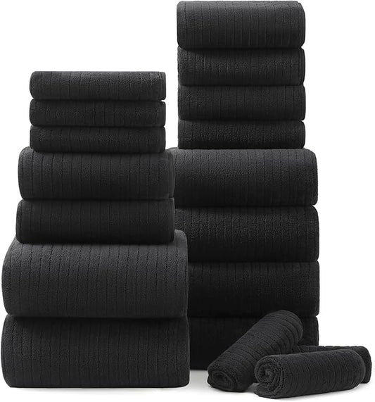 18 Piece Bath Towels Set,Super Soft Family Bathroom Towel Set with Hanging Loops-6 Bath Towels,6 Hand Towels,6 Washcloths,Highly Absorbent Quick Dry Shower Towel for Bathroom,Hotel,Spa-Black Towel Set