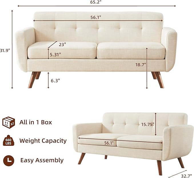 Tbfit 65" W Loveseat Sofa, Mid Century Modern Decor Love Seat Couches for Living Room, Button Tufted Upholstered Small Couch for Bedroom, Solid and Easy to Install Love Seats Furniture, Beige