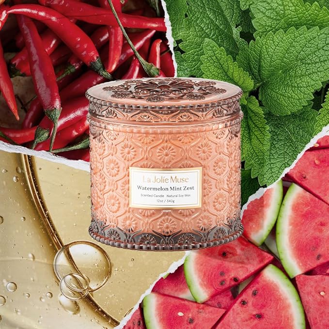 LA JOLIE MUSE Watermelon Mint Zest Scented Candle, Candles for Home Scented, Large 2-Wick Soy Candles, Luxury Jar Candle Gifts for Women & Men, 60 Hours Long Burning, 12oz