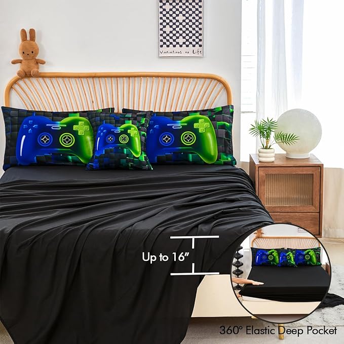 PERFEMET 6-Piece Game Full Size Bed in a Bag for Boys Blue and Green Video Gamer Bedding Set with Sheets Soft Fluffy 3D Printed Game Console Comforter Set for Kids Teen Girls(Blue Green, Full)
