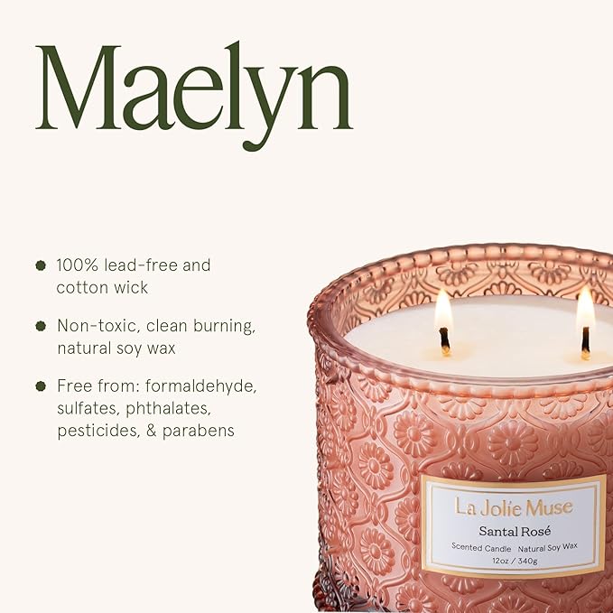 LA JOLIE MUSE Rose Candle, Scented Candles for Home, Large 2-Wick Soy Candles, Luxury Pink Candle Gifts for Women & Men, 60 Hours Long Burning, Santal Rose, 12oz