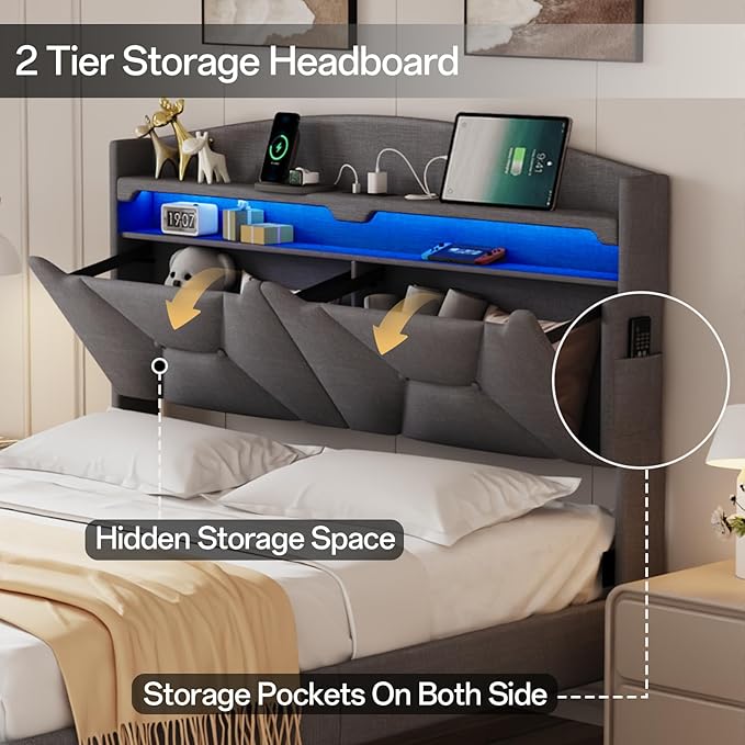 Queen Size Bed Frame, Queen Bed Frame with Storage Drawers, Upholstered Bed Queen Size with Charging Station and LED Lights, Easy Assembly, Grey