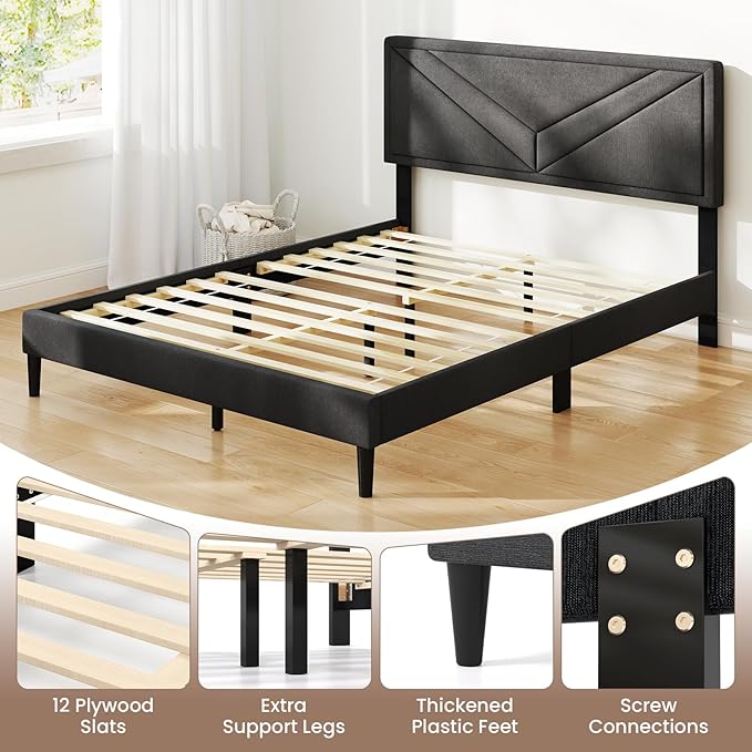 Giantex Queen Platform Bed Frame, Modern Upholstered Bed Frame with Diagonal Channel Tufting, Wooden Slats Support, No Box Spring Needed, Gray