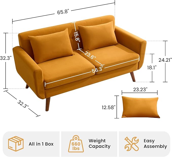 Tbfit 65" W Loveseat Sofa, Velvet Mid Century Modern Love Seat Couches for Living Room, Button Tufted Upholstered Small Couch for Bedroom, Solid and Easy to Install Love Seats Furniture, Yellow