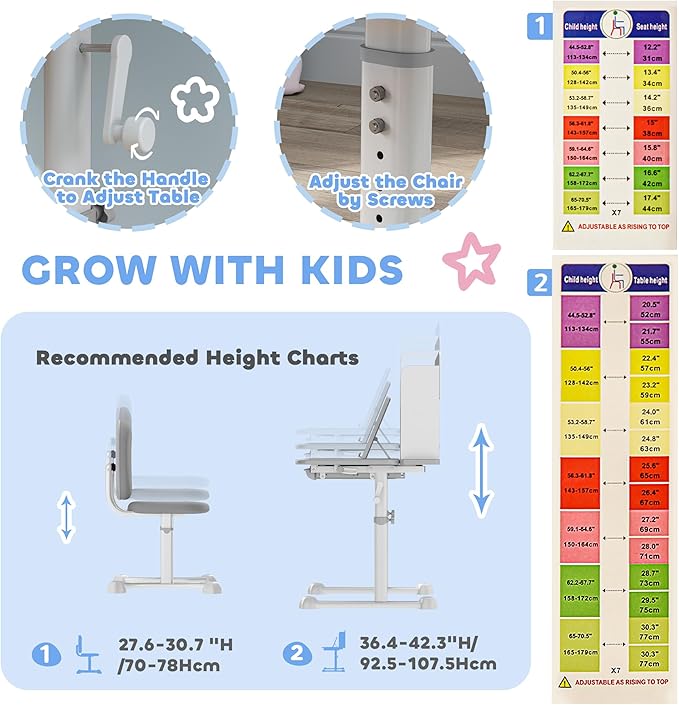 Qaba Kids Desk and Chair Set, Height Adjustable Kids School Study Desk and Chair Set with Tilt Desktop, Storage Drawer and Reading Rack for Writing, Reading and Drawing, Gray
