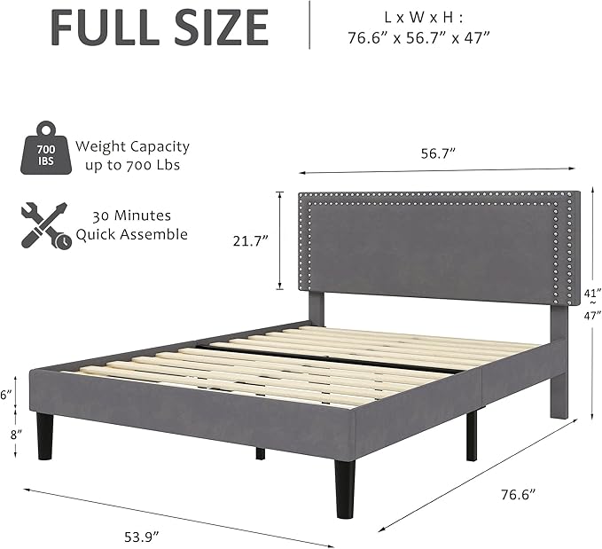 VECELO Full Size Bed Frame with Adjustable Upholstered Headboard, Wooden Slats Platform, Noise-Free Design, No Box Spring Needed, Easy Assembly