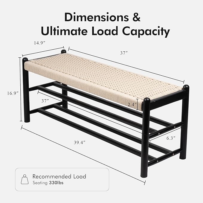 Solid Wood Entryway Bench with Shoe Storage, Rustic Oak Wood and Woven Design 39.4 Inch Long Seating for Living and Dining Rooms, 3-Tier Black