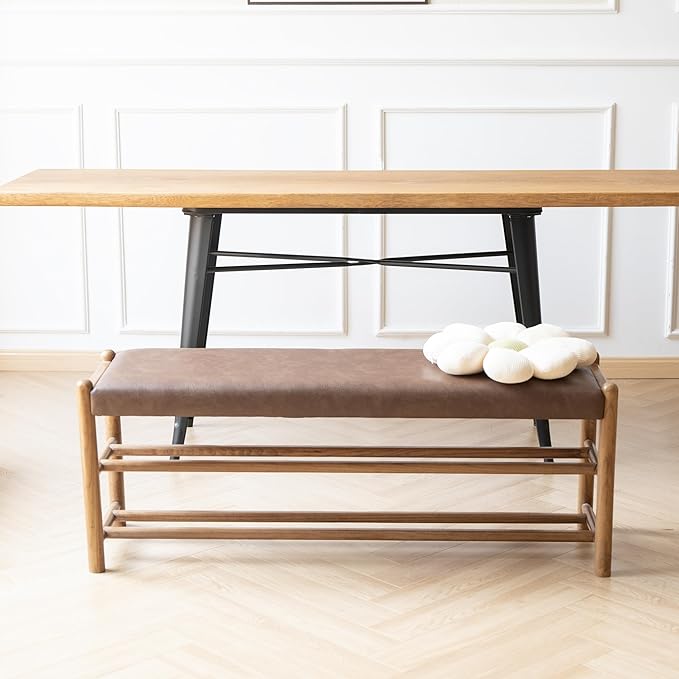 Solid Wood Entryway Bench with Shoe Storage, Rustic Oak Wood and PU Leather 45 Inch Long Seating for Living and Dining Rooms, 3-Tier Brown
