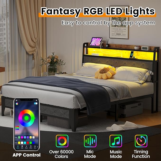 Winkalon Full Led Bed Frame with Headboard, Bed Frame with Charging Station, Metal Platform Bed Frame Full Size No Box Spring Needed, Modern Wood Upholstered Headboard and Under Bed Storage