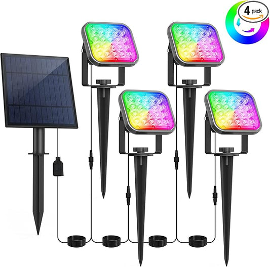 T-SUN Solar Spotlights Outdoor, 4 in 1 Color Changing Landscape Spot Lights Auto ON/Off RGB Garden Pond Lights for Yard, Pathway, Driveway, Pool Area