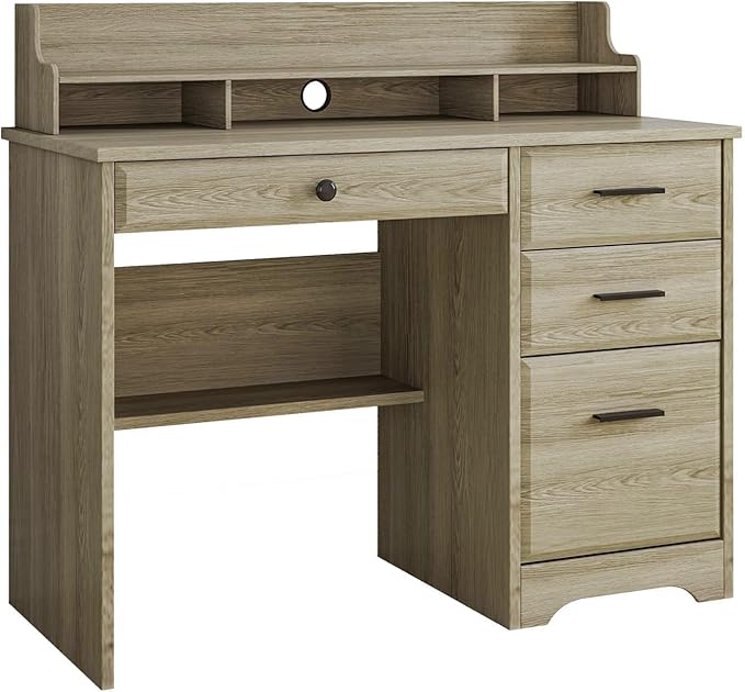 4 EVER WINNER Computer Desk with Drawers, Farmhouse Home Office Desk with Monitor Stand and File Drawer, Wood Simple PC Desk with Storage, Writing Desk for Bedroom, Grey
