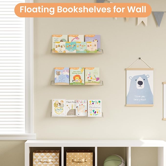 upsimples 2 Pack 23.6x5.5 Inches Acrylic Shelves for Wall Storage, Floating Bookshelves for Kids, Display Shelf Organizer for Bathroom, Bedroom, Living Room, Kitchen, Clear