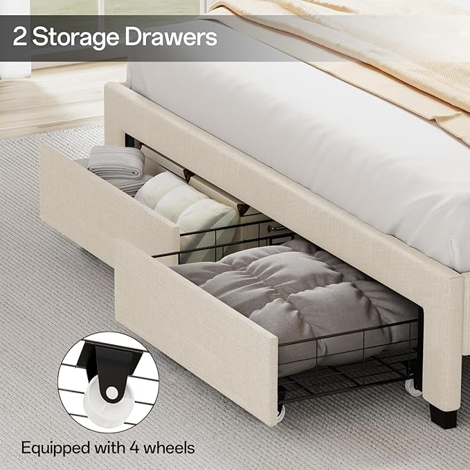Full Size Bed Frame, Full Bed Frame with Storage Drawers, Upholstered Bed Full Size with Charging Station and LED Lights, Easy Assembly, Beige