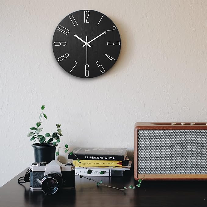 Faupugh Wall Clock Battery Powered 12 inch Silent Wall Clock, Exquisite Modern Style Decorative Clock, Suitable for Home, Office, School, Kitchen, Bedroom, Living Room (Black)