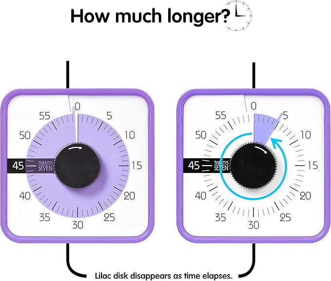TWENTY5 SEVEN Countdown Timer 7.5 inch; 60 Minute 1 Hour Visual Timer – Classroom Teaching Tool Office Meeting, Mechanical Countdown Clock for Kids Exam Time Management Magnetic, Purple