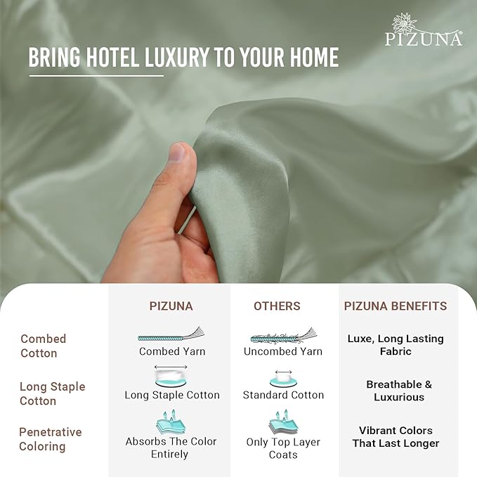 Pizuna 100% Cotton Full 3 Pc Duvet Cover + 1 Pc Fitted Sheet Set 400 Thread Count Sea Foam Sateen Weave Luxurious Long Staple Cotton 4 Piece Bedding Set - 1 Duvet Cover, 2 Pillow Shams, 1 Fitted Sheet