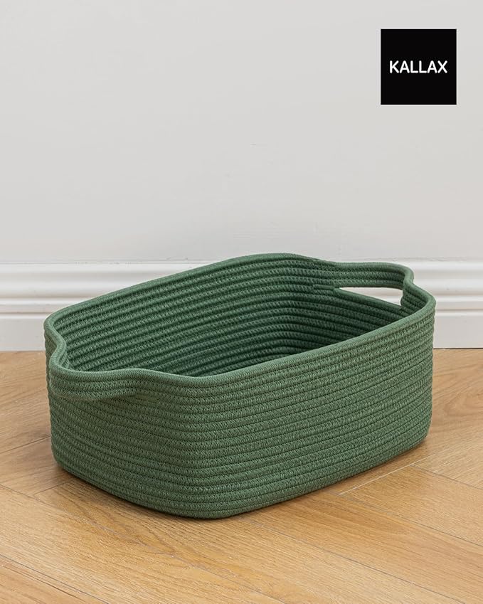 KALLAX Small Woven Basket, 14 x 10 x 5.6 Inches, Small Storage Baskets for Organizing, Gift Baskets Empty, Cute Rope Shelf Closet Storage Bins for Shelves, Dog Toy Basket, Green