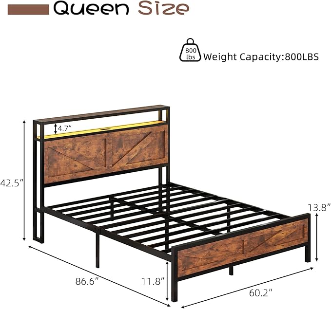 Queen Bed Frame with Headboard, Queen Bed Frames with Outlets and LED Lights, Rustic Bed Frame with Storage Headboard, Farmhouse Barn Door Design, Noise Free, No Box Spring Needed, Rustic Brown