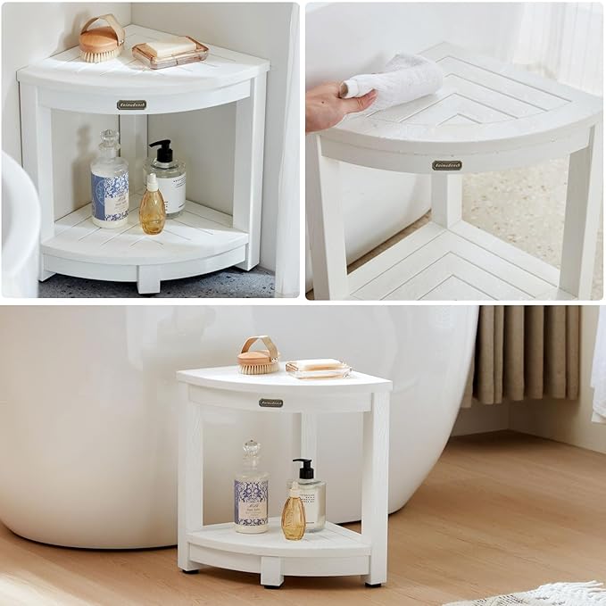 Corner Shower Stool for Inside Shower Waterproof, Poly Lumber Bathroom Shower Corner Bench Seat, Plastic Shower Chair Seat, Shower Shaving Foot Rest with Adjustable Feet, Non-Slip, White