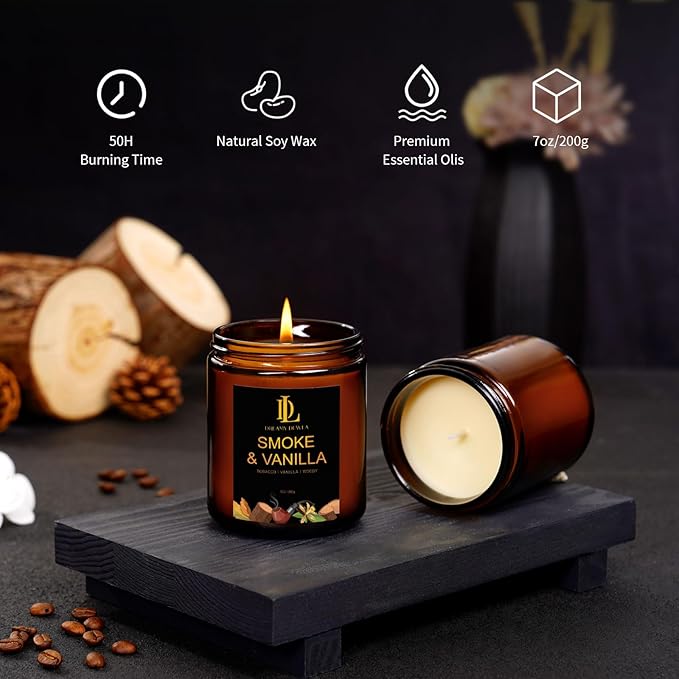 Smoke & Vanilla Candles, Smoke Vanilla Scented Candle, Natural Soy Candles for Home Scented, Long Lasting with 50 Hour Burn Time, Gifts for Men Women
