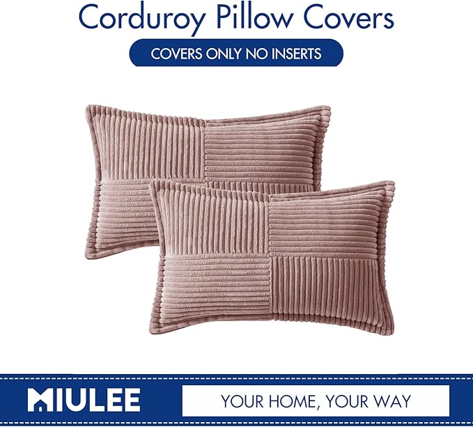 MIULEE Decorative Lumbar Throw Pillow Covers for Couch Bed Livingroom 12x20 Inch Set of 2 Blush Pink Boho Accent Throw Pllows Broadside Striped Patchwork Soft Corduroy Pillowcases