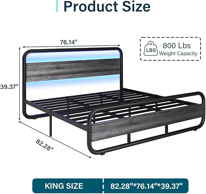 Catrimown King Size Bed Frame, Metal Bed Frame with LED Wood Headboard and, Heavy Duty Platform Bed with Under Bed Storage, Noise Free, No Box Spring Needed, Wash Gray