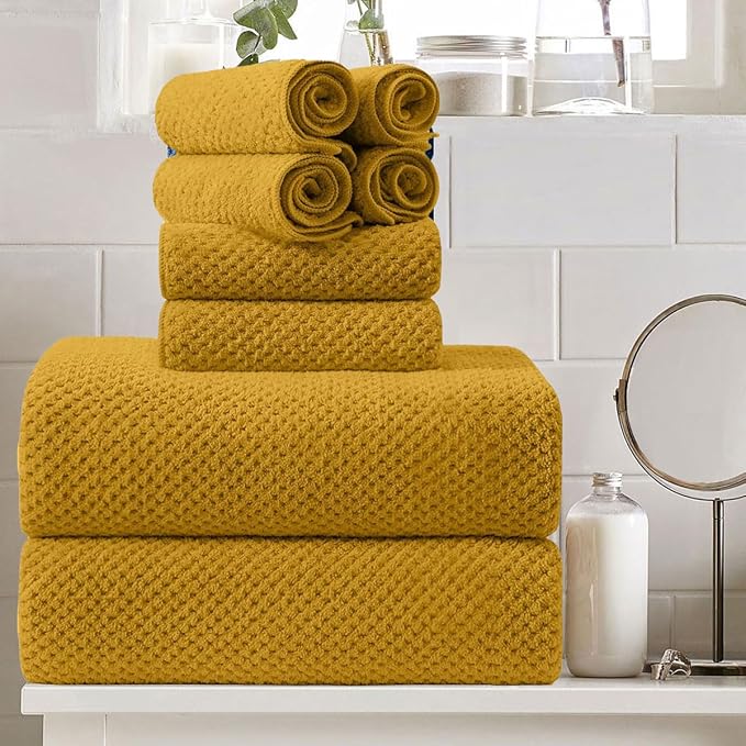 8 Piece Large Yellow Family Bath Towel Set-2 Oversized Bath Towel Sheets,2 Hand Towels,4 Washcloths-600GSM Soft Highly Absorbent Quick Dry Beach Chair Towels Woven Towels for Bathroom Hotel and Spa