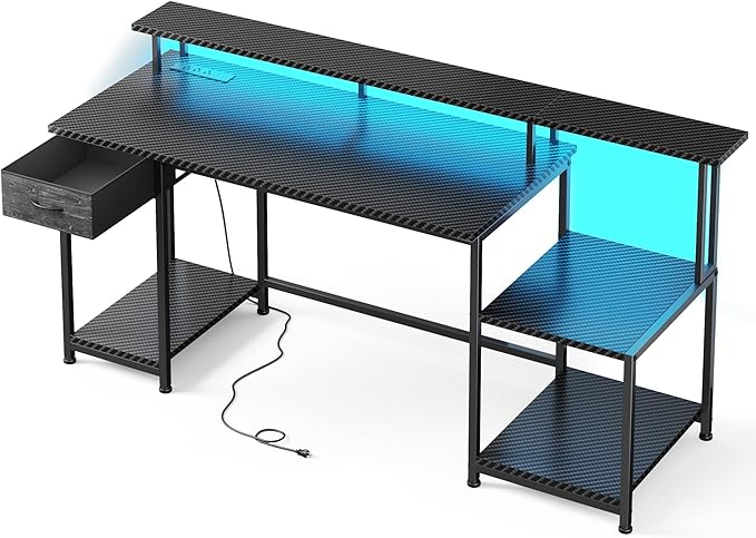 55" W Gaming Desk, Computer Desk with LED & Power Outlet, Office Desk with Printer Storage Shelves & Storage Drawer, Study Table with Monitor Shelf, Dorm Room Essentials, Black