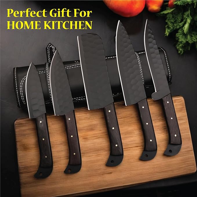 5 PCS Handmade Kitchen Chef Knife Set Hand Forged High Carbon Steel Blade Wengiwood Handle With Leather Bag Kit set included (Chef, Cleaver, Butcher, Paring, Fillet knife, Utility Knife) (Wengi Wood)