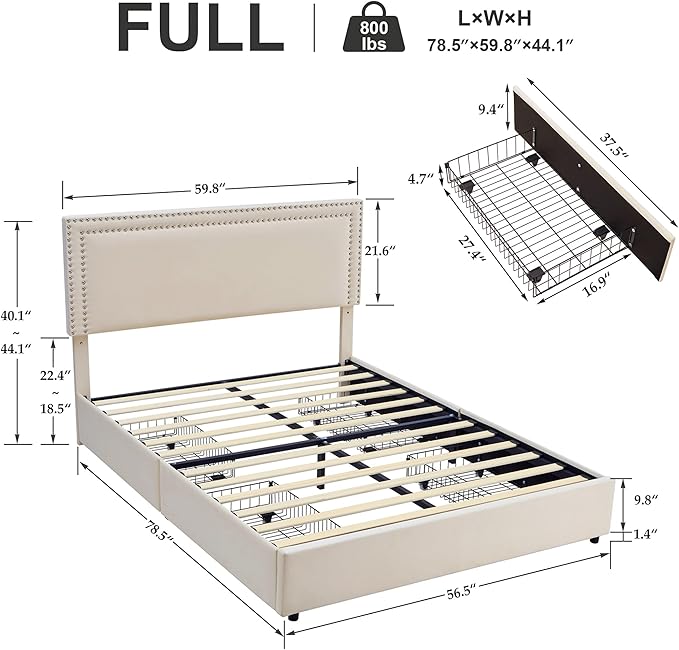 VECELO Full Size Upholstered Bed Frame with 4 Storage Drawers, Adjustable Velvet Rivet Decor Headboard, Wooden Slats Platform Support, No Box Spring Needed, Easy Assembly
