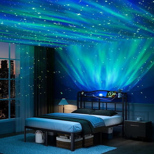 Full Bed Frame - Storage Headboard with Charging Station & Galaxy Aurora Projector, 14 Inch Sturdy Metal Platform Bed Frame No Box Spring Needed, Easy Assembly, No Noise, Black