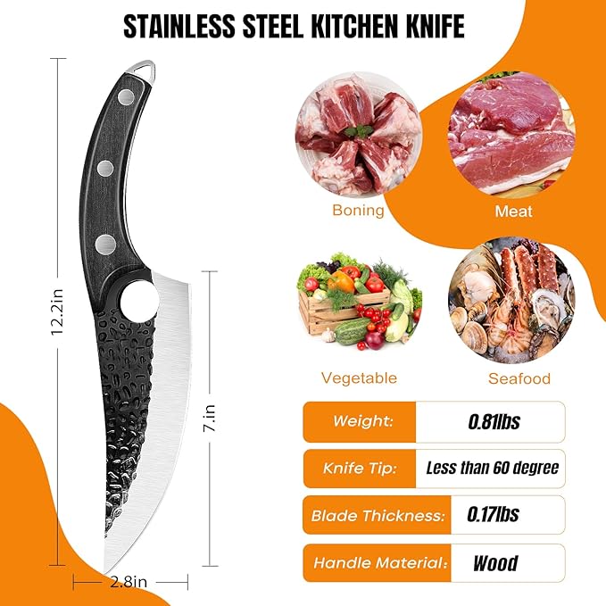ZENG Butcher Knife Hand Forged Boning Knife with Sheath Viking Style, High Carbon Steel Japanese Chef Knife Meat Cleaver Knife for Kitchen, Camping, Outdoor, BBQ