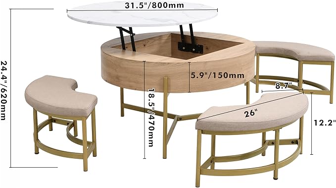 WILLIAMSPACE 31.5" Lift Top Coffee Table Set with Storage & 3 Upholstered Nesting Ottoman, Modern Round Marble Coffee Table Accent Center Table for Living Room, Apartment, White & Natural