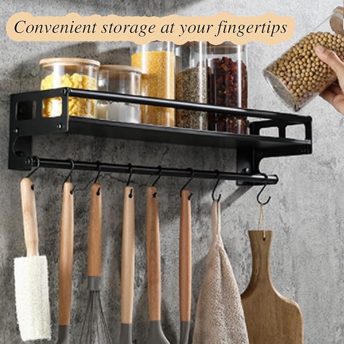 Wall Mount Storage Holder,Stainless Steel Strong Shelf with 6 Removable Hooks, Spice Rack Organizer,Kitchen Organizer Shelf, Space Saving Spice Rack and Kitchen Storage (black)