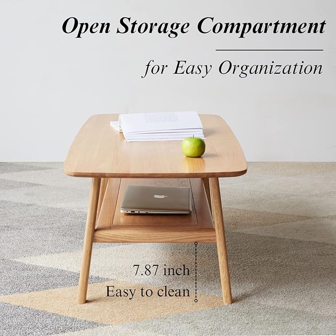 Wood Coffee Table - 100% Solid Oak Wood - Double Storage Coffee Table, Eco-Friendly Finish Center Table - Easy Assembly (Natural, 47.24" D x 22.04" W x 17.32" H)