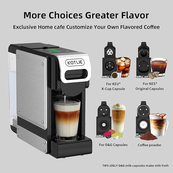 KOTLIE ST-550 Single Serve Coffee Maker, Espresso Capsule Coffee Maker for K*cup capsule/Ne*s Original/Dol*e Gu*to and Ground Coffee, 19Bar, 1L, Compact(Black)