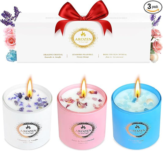 3 Pack Scented Candles Gift Set for Women, Birthday Gifts for Women, Valentines Day for her, Mothers Day Gifts, Candles for Home Scented of Lavender, Ocean Breeze & Rose Sandalwood