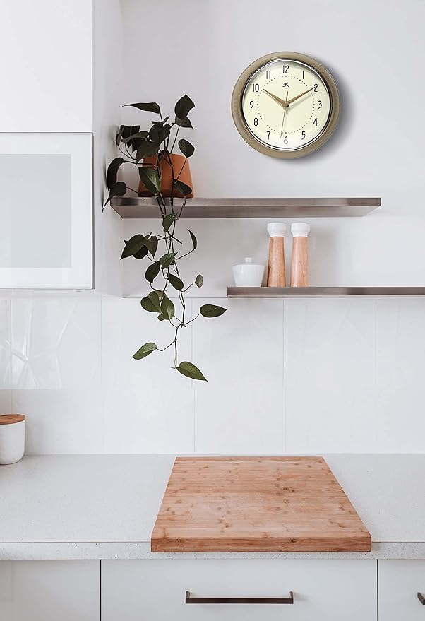 Infinity Instruments LTD. Retro 9 inch Silent Sweep Non-Ticking Mid Century Modern Kitchen Diner Wall Clock Quartz Movement Retro Wall Clock Decorative (Latte)…