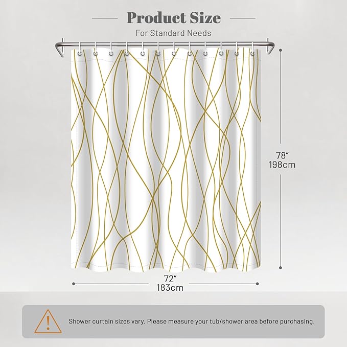 Punkray Gold Light Brown and White Striped Wavy Line Polyester Shower Curtain for Bathroom with Hooks, Extra Long Shower Curtain Set Decor Weighted Hem Washable, 72 x 78