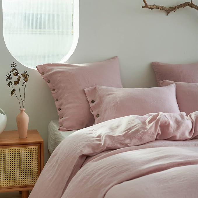 Simple&Opulence 100% Washed Linen Euro Sham Cover, 26 x 26 Inch, Decorative Bed Pillow Cover with Coconut Button, Solid Color Pillow Shams Set of 2 (Blush Pink)