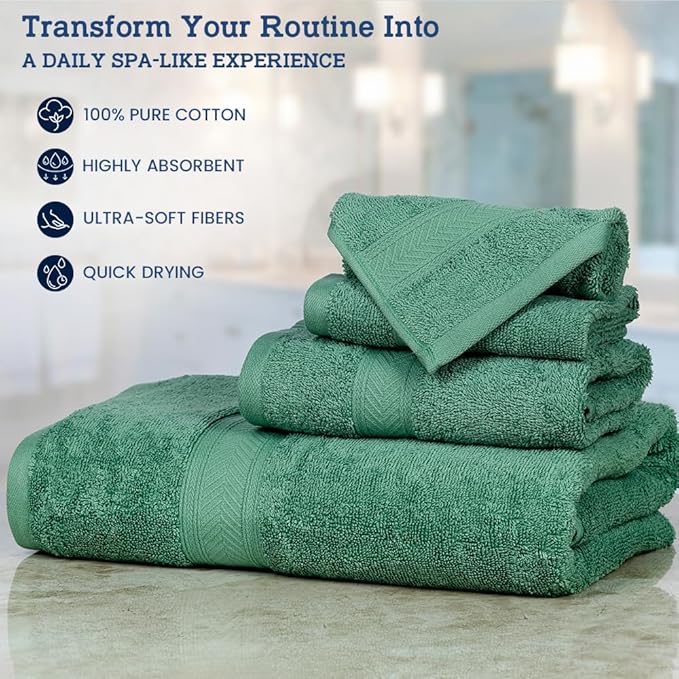Casa Lino 100% Cotton Bath Towels Set of 4 (1 Bath Towel, 1 Hand Towel & 2 Wash Cloths) - Bathroom Towels and Washcloths Set - Complete Bathroom Set - Guest Room Essentials - (Green)