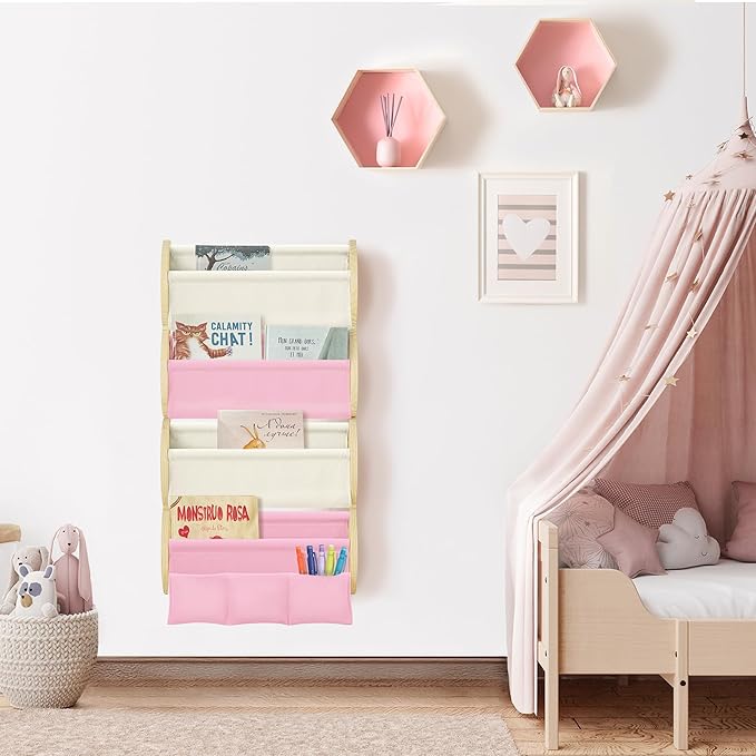 Wooden Wall Mounted Bookshelf for Kids Rooms, 4 Tier Floating Nursery Book Shelf, Kids Bookshelf with 2 Pockets, Toddler Sling Book Rack with Deep Sleeves (Pink)
