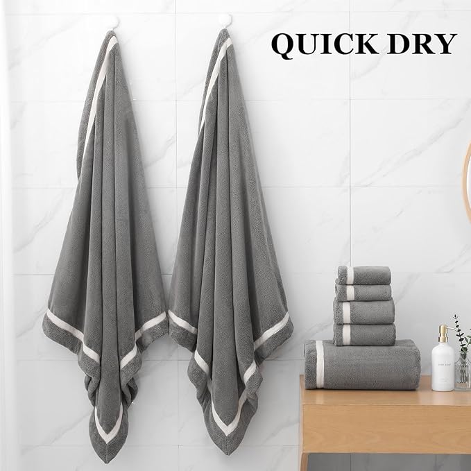 Bath Towel Set,Premium Microfiber Bathroom Towel-2 Extra Large Bath Sheets,2 Hand,2 Washcloths,Super Soft Highly Absorbent Luxury Shower Towels for Bathroom(Dark Grey 6Piece)