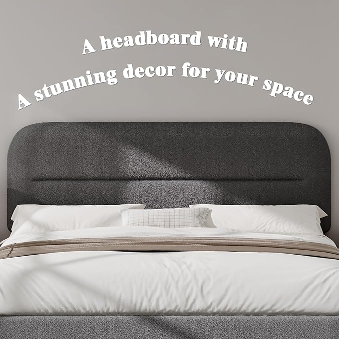 HOMBCK Full Size Boucle Bed Frame, Soft Upholstered Bed Frame with Headboard, Thickened Footboard, Rounded Corners, No Box Spring Needed, Easy Assembly, Grey