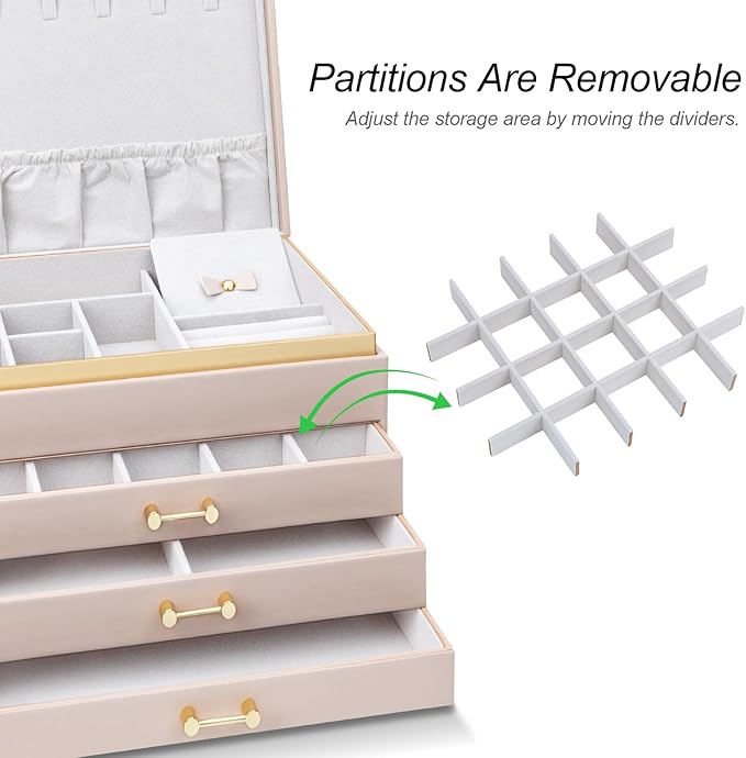Jewelry Boxes for Women, Large Jewelry Storage Boxes, 4-Layer Leather Jewelry Organizer with 3 Drawers, Jewelry Display Case Gift for Women Girls, Apricot