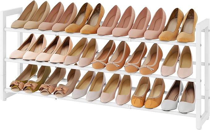 FAVOOSTY 3-Tier Expandable Shoe Rack, Adjustable Shoe Shelf Storage Organizer Space Saving Metal Free Standing Shoe Rack for Entryway Closet Doorway, White