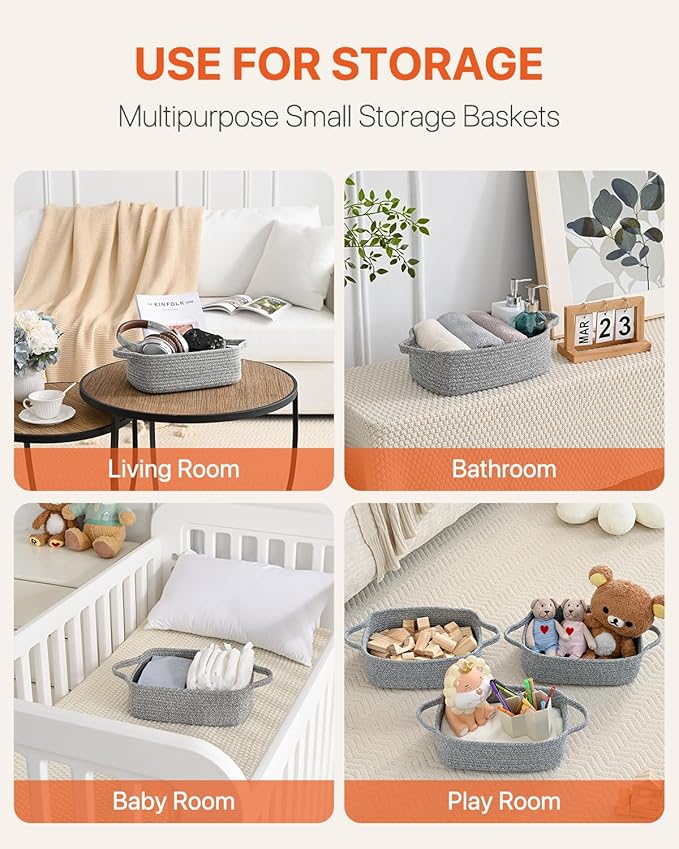 KALLAX Small Woven Basket, 12 x 8 x 4.5 Inches, Small Storage Baskets for Organizing, Gift Baskets Empty, Cute Rope Shelf Closet Storage Bins for Shelves, Dog Toy Basket, 3 Packs, Mixed Grey