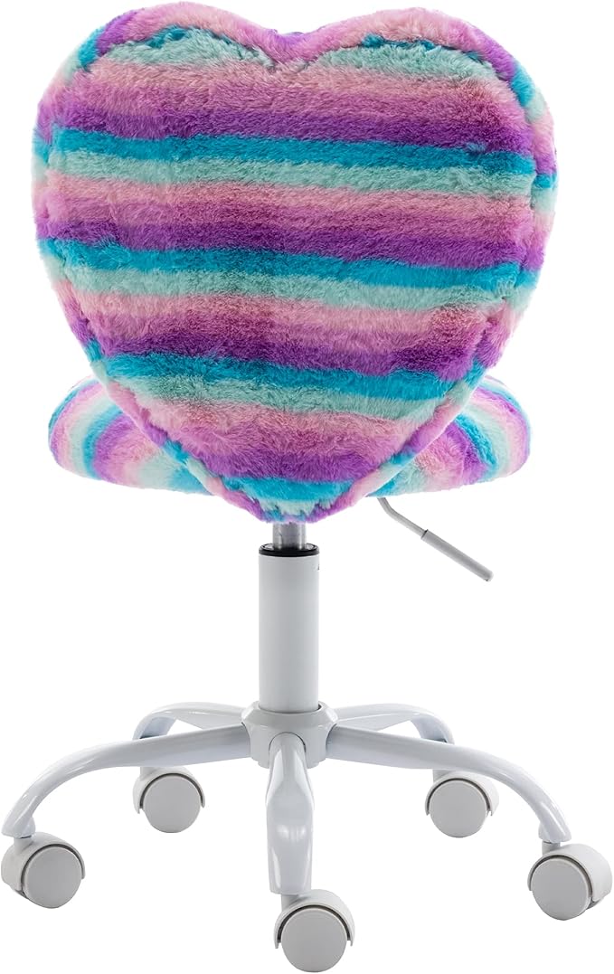 Small Desk Chair Swivel Kids Office Chair Fuzzy Student Computer Task Chair Faux Fur Vanity Chair Cute Heart Chair for Girls Boys Bedroom, Rainbow
