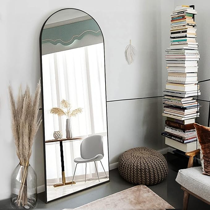 OGCAU Full Length Floor Mirror, Standing Hanging or Leaning Against Wall, Arched-Top Body Mirror for Floor & Wall in Bedroom, Wall-Mounted, Aluminum Alloy Frame (Blcak)